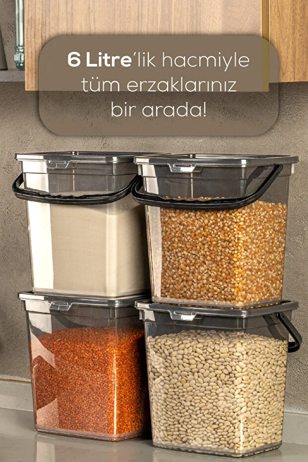 4 Adet Kare Un Bakliyat Kabı 6 Litre - Kulplu Deterjanlık Saklama Kutusu Kabı Antrasit